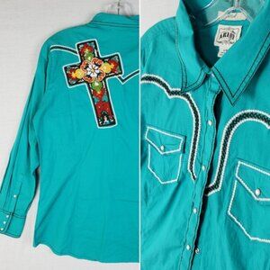 ARIAT Western Shirt Embroidered Floral Cross Snap Buttons Cowgirl L Turquoise
